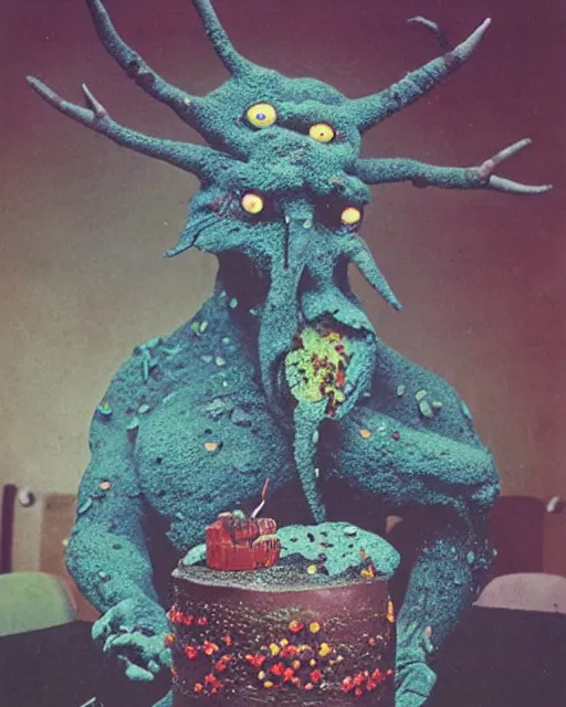 Prompt: photo of a childrens birthday cake beast designed by beksinski, bokeh