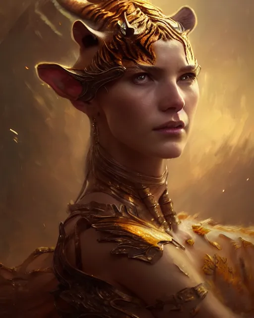 Image similar to daniel gerhartz and wlop and tom baghshaw, detailed portrait, digital painting of a beautiful half - tiger half - woman, evil mood, throne room in the background, embers flying, unreal engine, hyper realism, realistic shading, cinematic composition, blender render, octane render, ultrawide shot