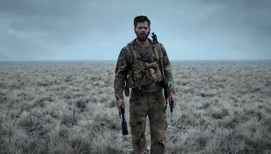 Prompt: lone survivor man holding walkie - talkie!! in post - apocalyptic nature landscape. movie screenshot. shallow depth of field, cinematic. cinematic composition