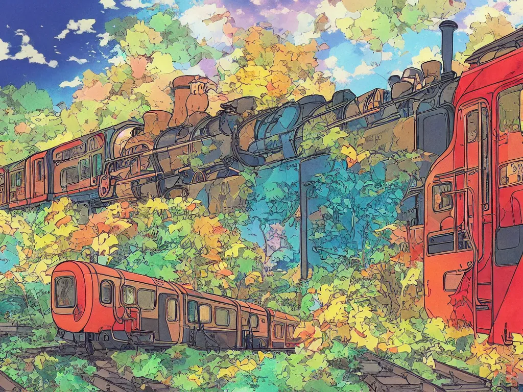 Prompt: sideview of a anime train, illustration, autumn light, colorful, beautiful, inspired by studio ghibli, inspired by hayao miyazaki, concept art, manga, cute and adorable