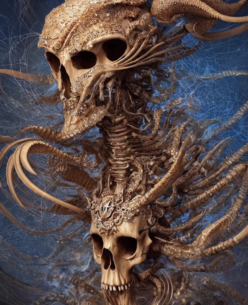 Image similar to close-up macro portrait of the face of a beautiful princess with ram animal skull mask, epic angle and pose, ribcage skeleton symmetrical artwork, 3d with depth of field, blurred background, cybernetic jellyfish female face phoenix bird, translucent, nautilus, energy flows of water and fire. a highly detailed epic cinematic concept art CG render. made in Maya, Blender and Photoshop, octane render, excellent composition, cinematic dystopian brutalist atmosphere, dynamic dramatic cinematic lighting, aesthetic, very inspirational, arthouse. y Greg Rutkowski, Ilya Kuvshinov, WLOP, Stanley Artgerm Lau, Ruan Jia and Fenghua Zhong