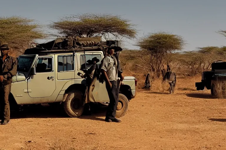 Image similar to cinematography police sitting on jeep in Africa by Emmanuel Lubezki