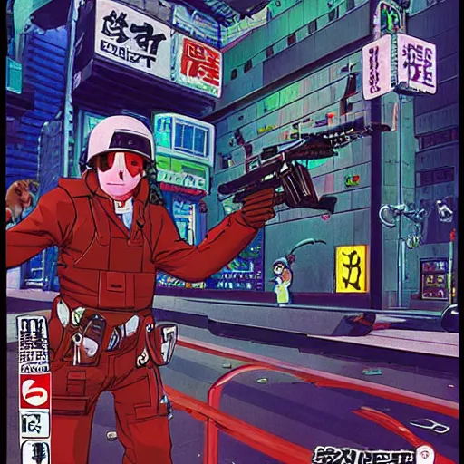Prompt: 1993 Video Game Cover, Anime Neo-tokyo 4 bank robbers fleeing the scene with bags of money, Police Shootout, MP5S, Highly Detailed, 8k :4 by Katsuhiro Otomo : 8