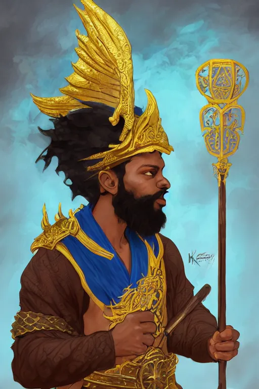 Prompt: Picture of a male Cleric, black skin, blue short hair, short beard, dragon-inspired cloth robes, gold and blue, ornamental, hammer, wings, background depicting a temple, fantasy, dnd, d&d, sharp focus, smooth, illustration, digital painting, highly detailed, by Krenz Cushart, Artem Demura, alphonse mucha, artstation, cgsociety