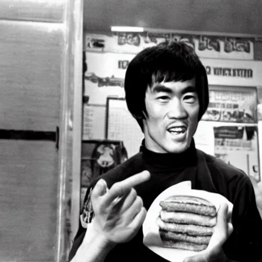 Image similar to a photo of bruce lee eating an hamburger