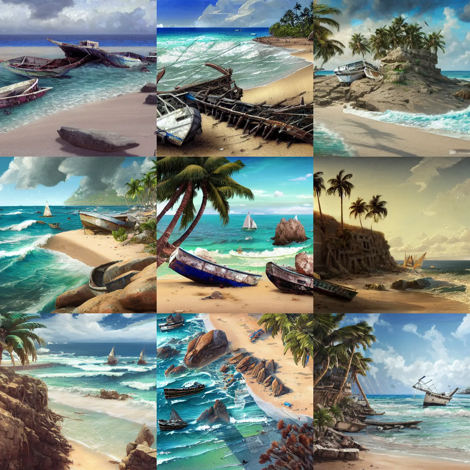 Prompt: many wrecked boats on the beach with palm trees and white stone ruins and high diagonal sharp rocks and bushes, danger, cloudy weather, isometric view, highly detailed, digital painting, artstation, concept art, smooth, sharp focus, illustration, artstation, art by giger and greg rutkowski and hikari shimoda and edmund blair leighton and charlie bowater