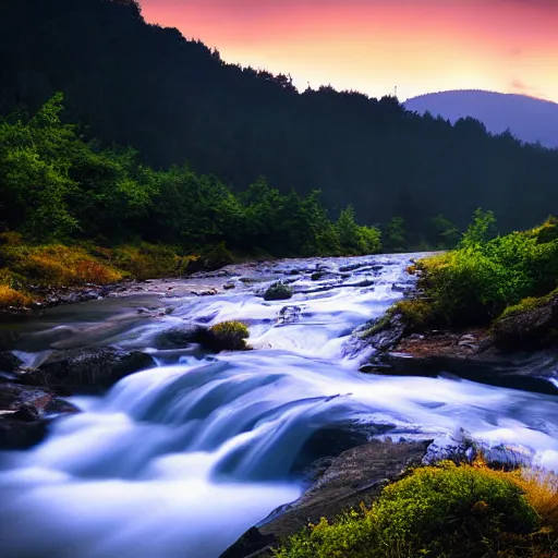 Image similar to beautiful landscape, hilly mountains, rivers, waterfalls, volumetric lighting, vistas, foliage