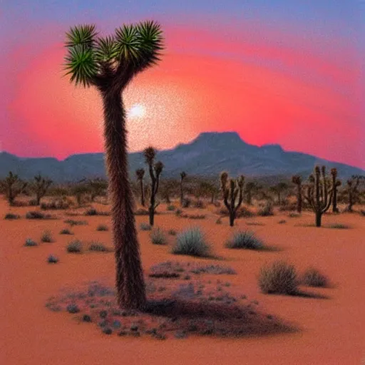 Image similar to A giant nose in a desert with many joshua trees and a red sun in the sky. Pastel.