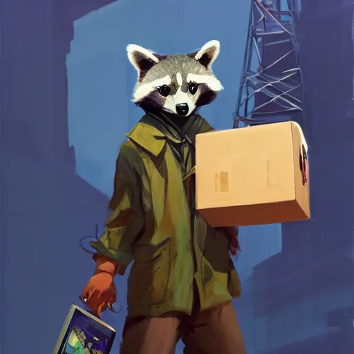 Prompt: greg manchess painting of a trash panda character, holding a box of cables and standing next to old electronic equiptment, medium shot, asymmetrical, profile picture, organic painting, night time, matte painting, bold shapes, hard edges, street art, trending on artstation, by huang guangjian and gil elvgren and sachin teng