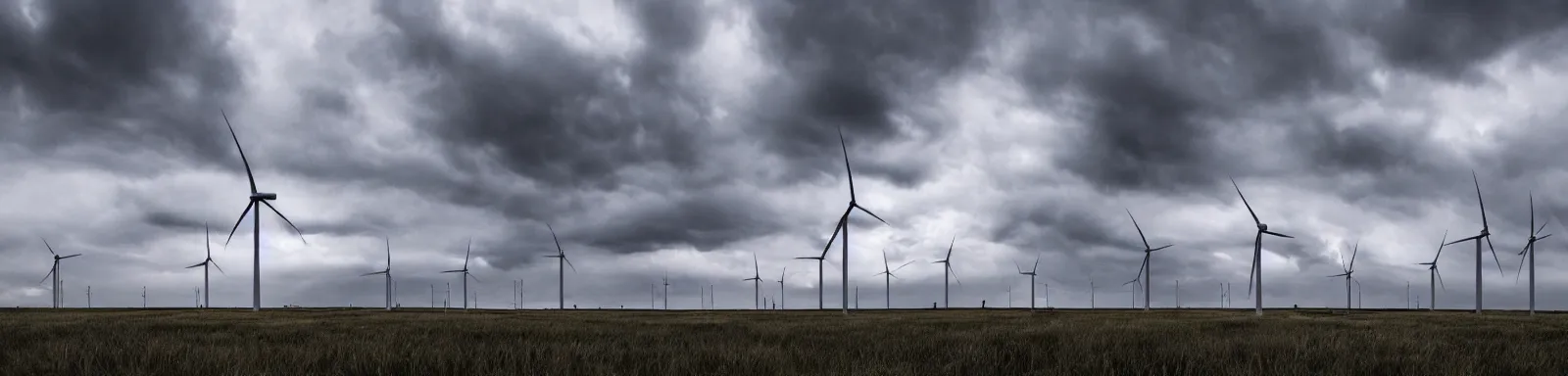 Image similar to Stormy sky with the lightings in the clouds, blueshift render, just 1 wind turbine in the background, depth of field, pipes and vaults on the ground, photorealistic, photo lense, focus, Full HD, 1128x191 resolution