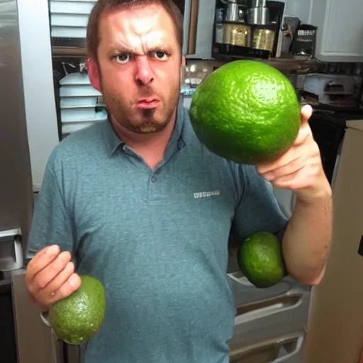Prompt: guy who is holding too many limes with a very angry face