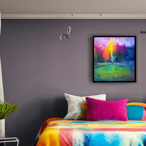 Image similar to low quality stories painting inside a colorful studio photo in a bedroom