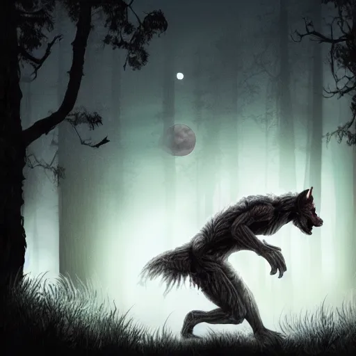 Image similar to man ripping off his skin turning into a werewolf, forest scenery, full moon, illuminated lighting, highly detailed, 4 k