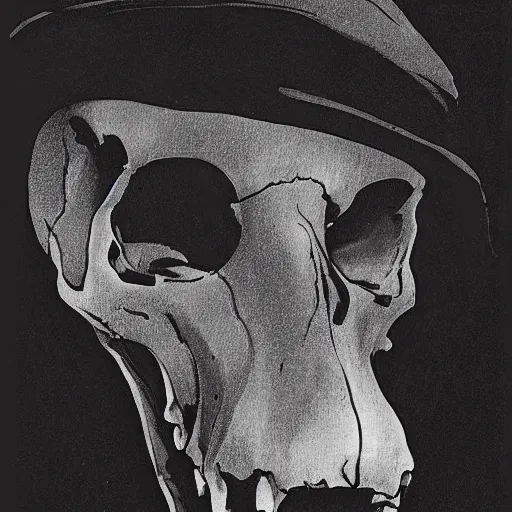 Image similar to A skull of a tapir. Frontal View, Close Up Shot, Dark Fantasy, Film Noir, Black and White. High Contrast, Mike Mignola, D&D, OSR
