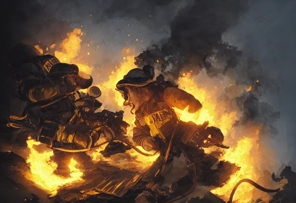 Image similar to heroic firefighter in action in black and yellow uniform, fire flames, sharp details, sharp focus, elegant, highly detailed, illustration, by jordan grimmer and greg rutkowski and pine ( ハイネ ) and 薯 子 imoko and 香 川 悠 作 and wlop and maya takamura, intricate