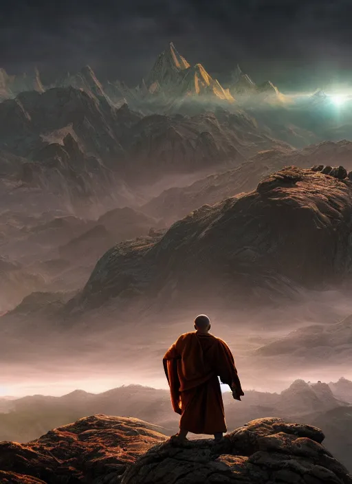 Image similar to a cosmic monk in lord of the rings scenery landscape, looking out at a futuristic alien spaceship in the sky, sunrise, god's rays, highly detailed, vivid color, cinematic lighting, perfect composition, 8 k, gustave dore, derek zabrocki, greg rutkowski, belsinski, octane render