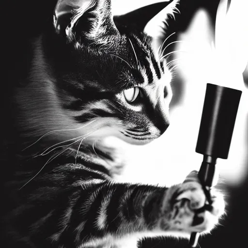 Prompt: professional photograph of a cat holding a torch