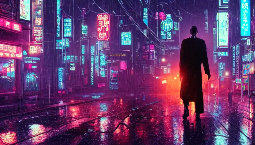 Prompt: highly detailed doctor with a prosthesis carries a body through an empty neon city, cyberpunk, rain, night, cyberpunk futuristic neon hyperrealism, detailed and intricate environment