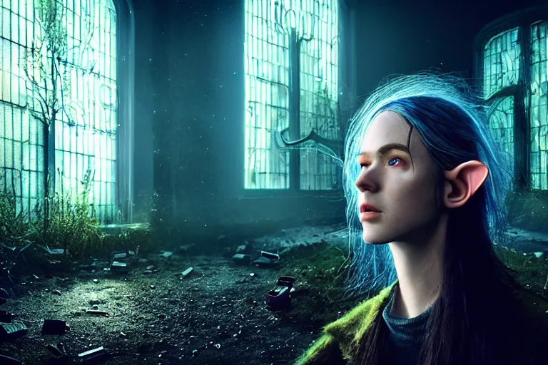 Prompt: an ultra realistic, cinematic, fantasy, headshot portrait, of an elden ring elf, fairy lights, facial features, stood outside an abandoned church, with futuristic buildings and neon signs, detailed, deep focus, movie still, dramatic lighting, ray tracing, by michal karcz and yoshitaka amano