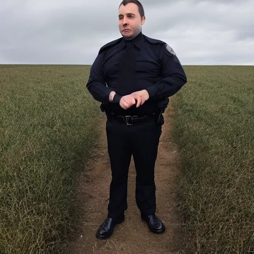 Prompt: clean - shaven chubby 3 4 year old caucasian man from uk wearing black police sweater and navy necktie and black trousers and black boots and police helmet. he is standing in a field.