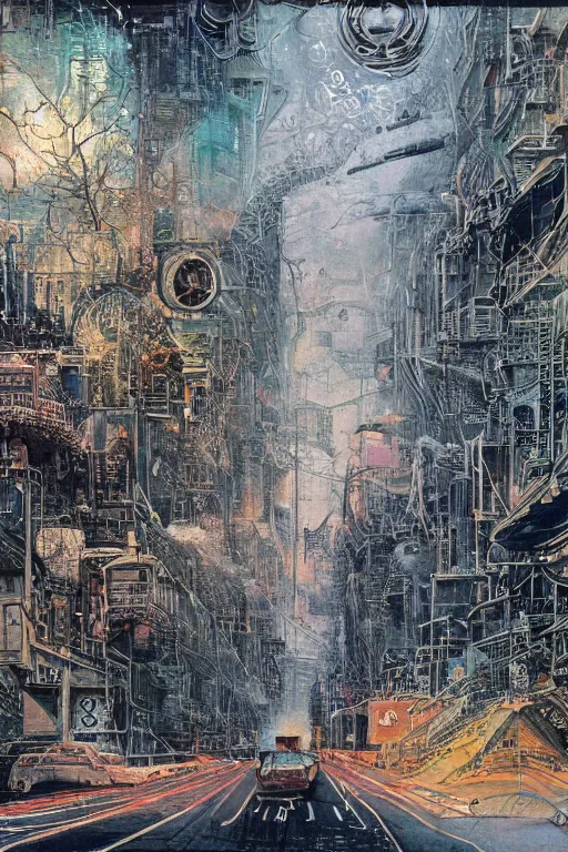 Image similar to A hyper-detailed, ultra-detailed, full-color photorealistic mixed media painting of a polluted futuristic cityscape with intricate, perfe4ctly symmetrical art nouveau infrastructure and architecture at night in the winter, bill sienkiewicz illustration with slight spraying from 1984, Travis Charest, Stephen Gammell