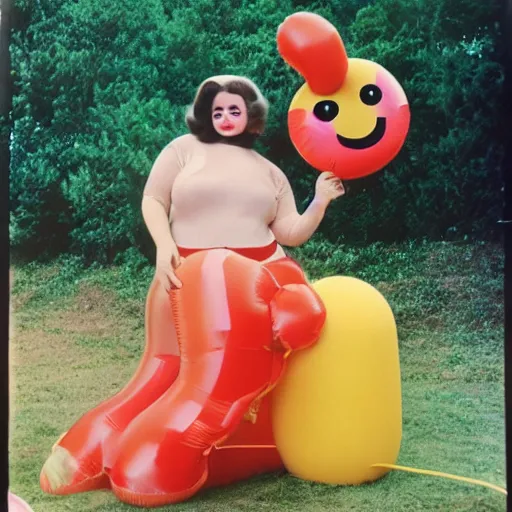 Image similar to 1976 glamorous thicc woman wearing an inflatable smiley head, wearing a dress, in a small village full of inflatable worms, 1976 French film archival footage technicolor film expired film 16mm Fellini new wave John Waters Russ Meyer movie still