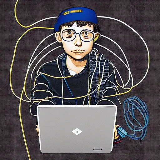 Prompt: illustration of a boy connected to his laptop with hundreds of wires, highly detailed, cel shading, by butcher billy, cgsociety, mcbess, rutkowski, james jean, 8 k, photorealistic