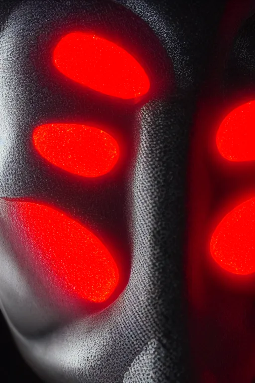 Image similar to closeup shot of a carbon black cyborg, macro shot, dof, cinematic, volumetric lighting, studio shot, red light, 4 k, highly detailed