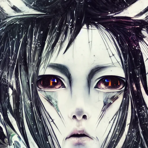 Image similar to Yoshitaka Amano blurred and dreamy illustration of an anime girl with wavy white hair and cracks on her face wearing Elden ring armour with the cape fluttering in the wind, abstract black and white patterns on the background, noisy film grain effect, highly detailed, Renaissance oil painting, weird portrait angle
