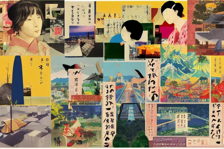 Image similar to award winning graphic design poster, photocollage art depicting a variety of japan travel, beauty, tastes, crafts and more, photocollage painting by National Geographic, Hannah Hoch and David Hockney