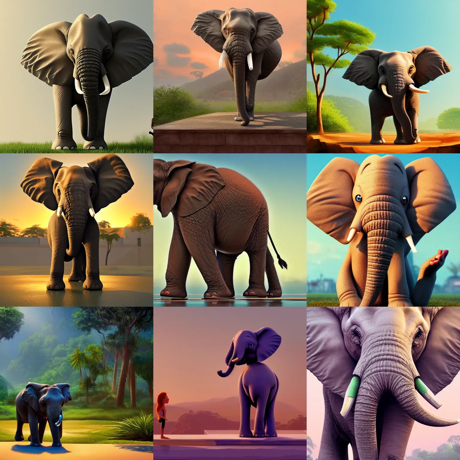 Prompt: an elephant doing yoga poses, highly detailed, digital art, artstation, screen capture from a pixar movie