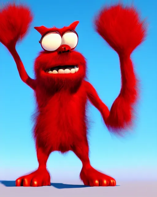 Image similar to 3 d render of completely red hairy friendly antropomorphic cartoony creature wearing chrome shades, without nose, full body, in the style of pixar, white background, unreal engine 5, octane render, highly detailed hdr