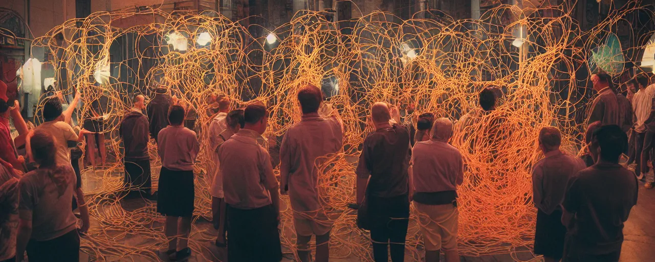 Image similar to a group of people praying to a giant spaghetti deity, canon 5 0 mm, cinematic lighting, photography, retro, film, kodachrome