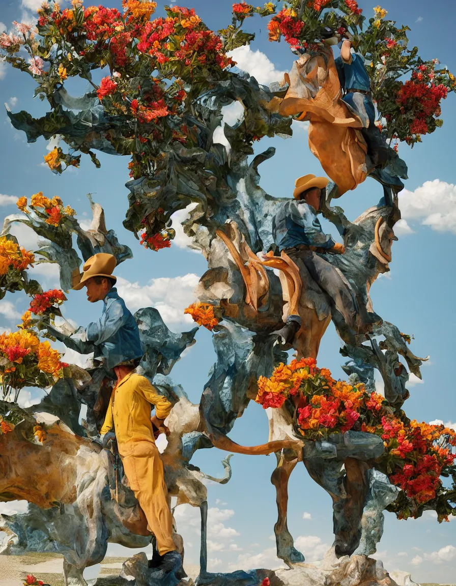 Image similar to a cowboy turning into blooms by slim aarons, by zhang kechun, by lynda benglis. tropical sea slugs, angular sharp tractor tires. complementary bold colors. warm soft volumetric dramatic light. national geographic. 8 k, rendered in octane. angular sculpture by antonio canova by gian lorenzo bernini.