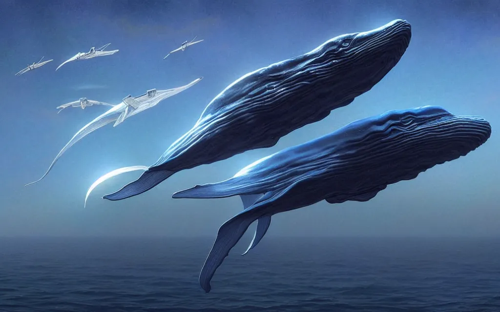 Prompt: realistic render of flying blue whales towards the moon, intricate, toy, sci - fi, extremely detailed, digital painting, sculpted in zbrush, artstation, concept art, smooth, sharp focus, illustration, chiaroscuro lighting, golden ratio, incredible art by artgerm and greg rutkowski and alphonse mucha and simon stalenhag