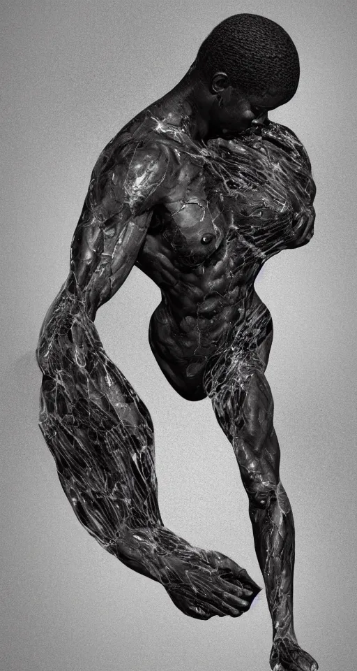 Image similar to realistic digital painting of a stunning intricate cracked black marble falling african american angel body sculpture, white tone background, trending on artstation, hyperrealism, matte painting, subsurface scattering