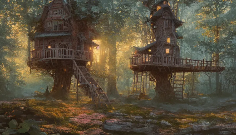 Prompt: detailed environmental cottagecore concept art illustration pastel painting of a treehouse, ultra detailed, digital art, octane render, dystopian, micro detail 4k