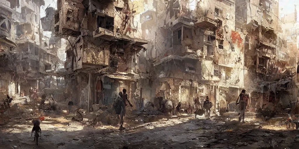 Prompt: hyper realistic, beautiful syrian slums village, concept art, for modern warfare, painted by greg rutkowski, highly detailed,