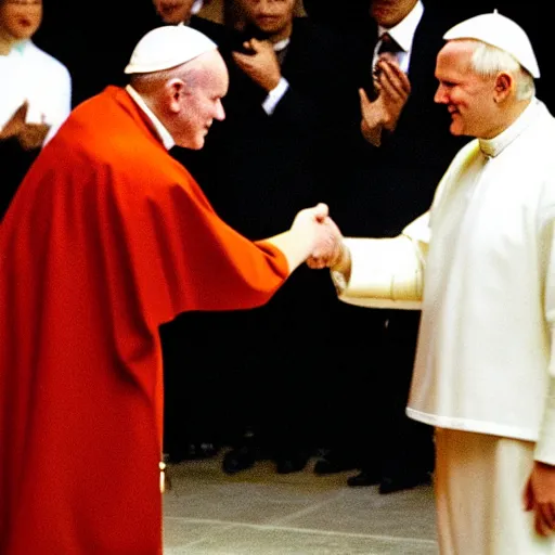 Image similar to photograph of john paul ii shaking hands with kanye west