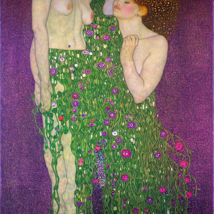 Image similar to a beautiful ethereal goddess entwined in ivy, a luminescent ray of light, shimmering and prismatic, gustav klimt style