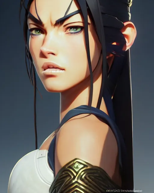 Image similar to azctec warrior, megan fox, detailed perfect face, exquisite details, fire magic, mid view, design on a white background, by studio muti, greg rutkowski makoto shinkai takashi takeuchi studio ghibli