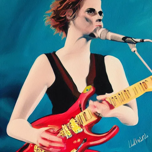 Image similar to Anna Calvi playing electric guitar, oil painting by Lindsay Bernard Hall