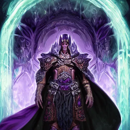 Image similar to portrait of hulking herculean ainz ooal gown undead lich, from overlord, warlock purple robes, magical electricity, upper body, fantasy, intricate, elegant, highly detailed, digital painting, artstation, concept art, sharp focus, illustration, art by artgerm and greg rutkowski and alphonse mucha