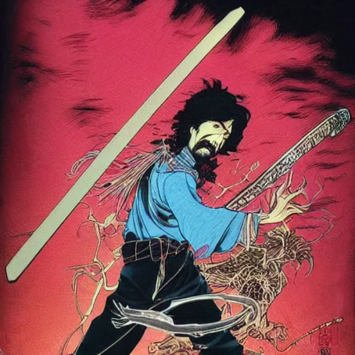 Image similar to Frank Zappa golden Vagabond magic swordsman!!!! glides through a beautiful battlefield. Full body portrait!!! Graphic Novel Panel!!! magic the gathering dramatic esoteric pen and ink illustrated in high detail by Hiroya Oku!!!!!!!, Moebius, and Tatsuki Fujimoto!!!!! shonen jump 2002