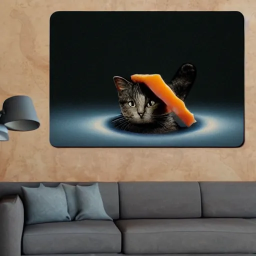 Prompt: cat in a black hole eating cheese with a lightsaber