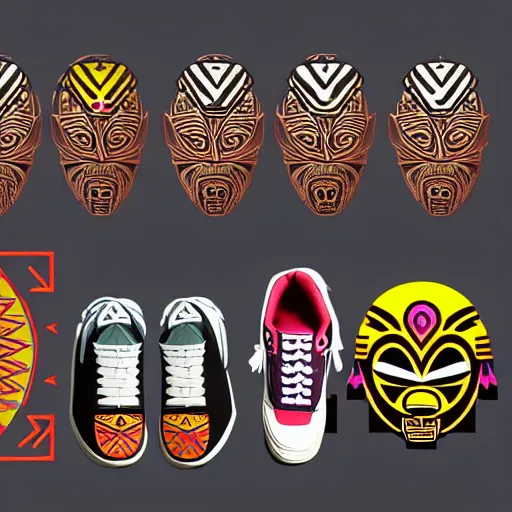 Image similar to sneaker design concept art, aztec mayan street fashion native punk sneaker design, majora's mask, wearing wooden mask, hip hop sneaker design with subtle mayan patterns, gapmoe yandere grimdark, trending on pixiv fanbox, painted by greg rutkowski makoto shinkai takashi takeuchi studio ghibli, akihiko yoshida