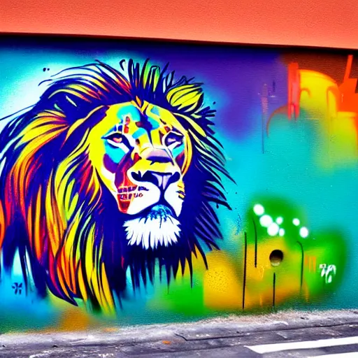 Image similar to wall with graffiti, splash painting of a lion by depose