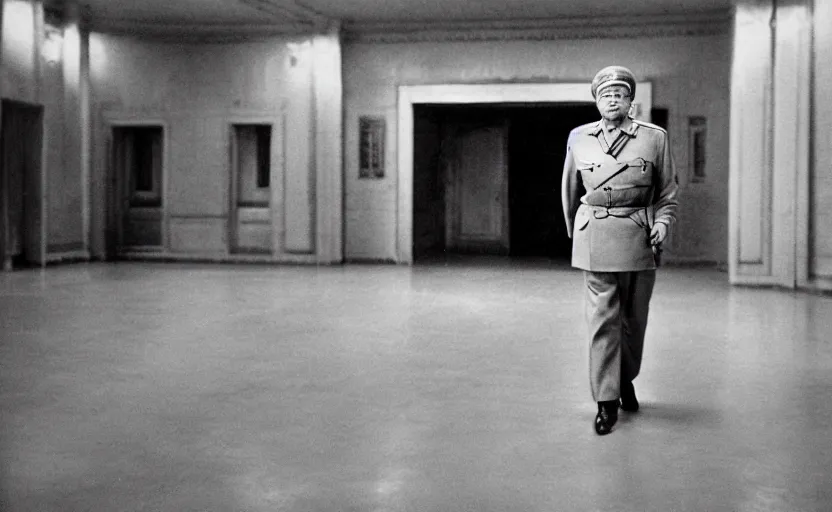 Prompt: 50s movie still close-up portrait of an elder soviet general crossing an empty stalinist hall, by David Bailey, Cinestill 800t 50mm eastmancolor, heavy grainy picture, very detailed, high quality, 4k, HD criterion, precise texture and facial expression