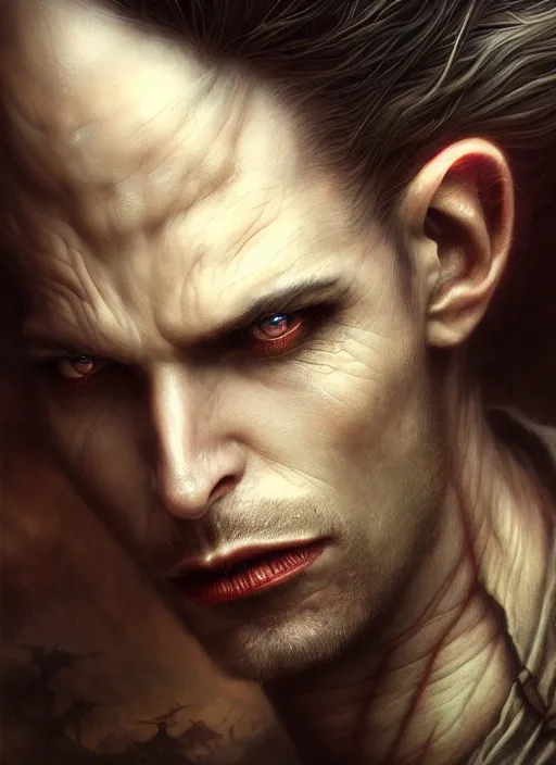 Image similar to closeup portrait shot of a male vampire in a scenic dystopian environment, intricate, elegant, highly detailed, centered, digital painting, artstation, concept art, smooth, sharp focus, illustration, artgerm, tomasz alen kopera, peter mohrbacher, donato giancola, joseph christian leyendecker, wlop, boris vallejo