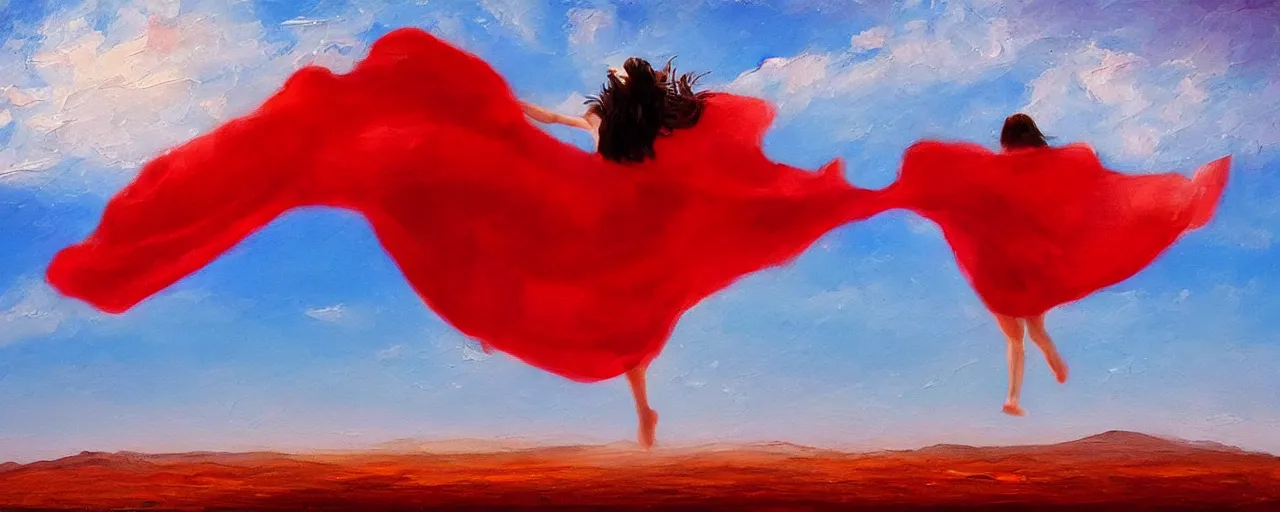 Image similar to A woman in an endless red cape floating across the sky dancing across the desert sky, painterly style, oil painting, realistic